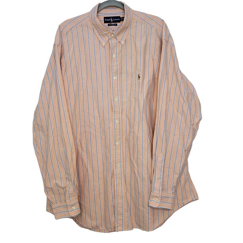 VNTG Ralph Lauren Classic Fit  Peach Orange/Blue Striped Polo Men's XXL - Picture 2 of 7
